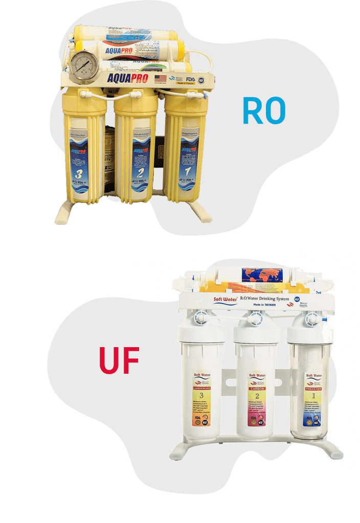 دستگاه های تصفیه آب مجهز به تکنولوژی اولترا فیلتراسیون (UF) دستگاه های تصفیه آب مجهز به تکنولوژی اسمز معکوس (RO)