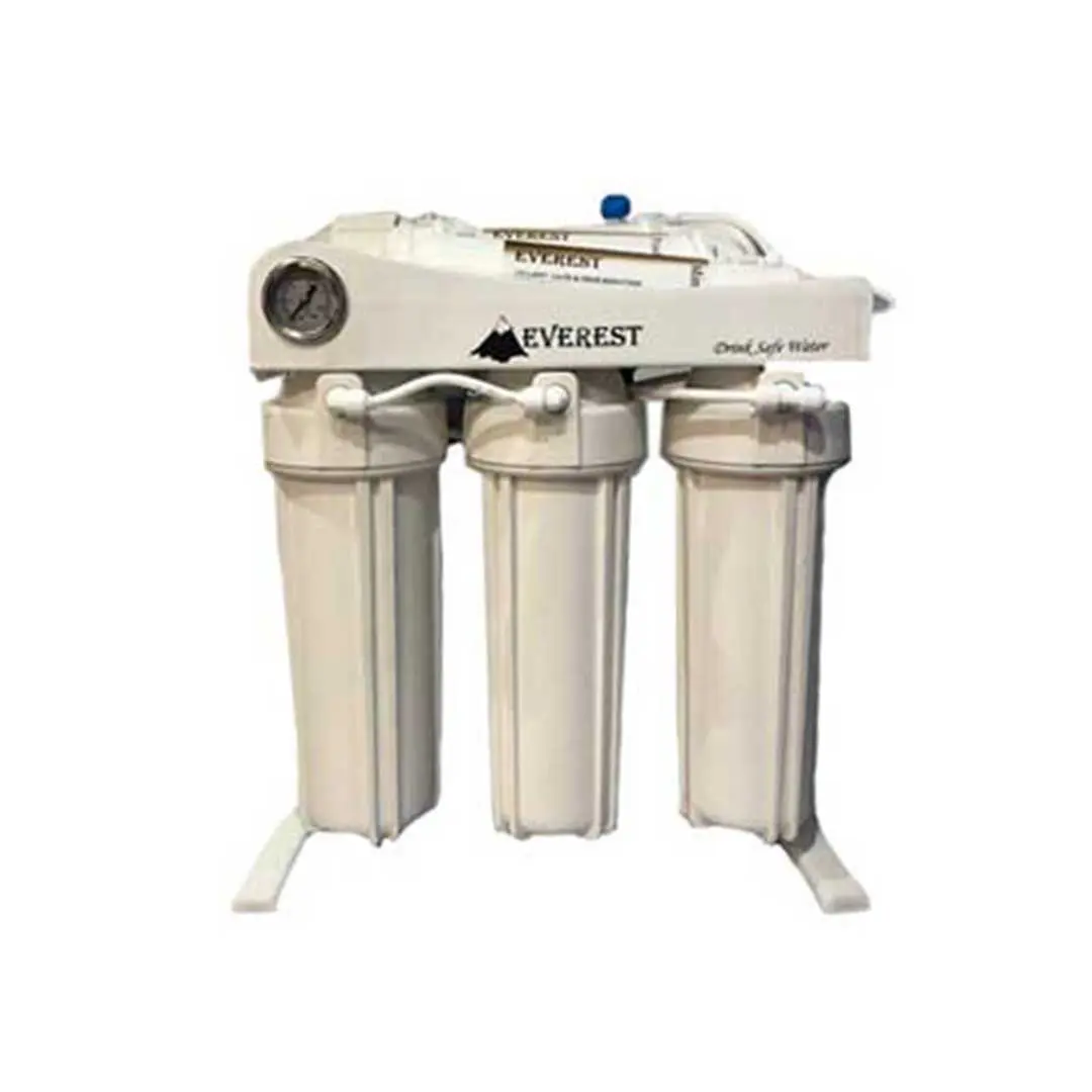 نمای جانبی دستگاه تصفیه آب خانگی اورست با بدنه سفید و مخازن شفاف