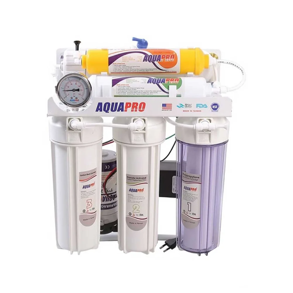 دستگاه تصفیه آب خانگی آکوا پرو (Aqua Pro) مدل APRO-RO6 نمای جلو با فیلترها