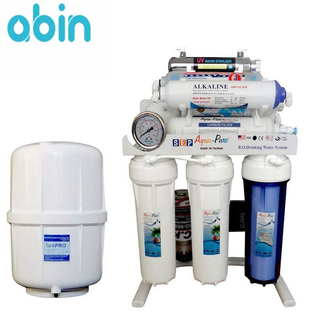 نما روبرو دستگاه تصفیه آب خانگی آکواپیور مدل RO-Pure9-3030 به همراه منبع آب