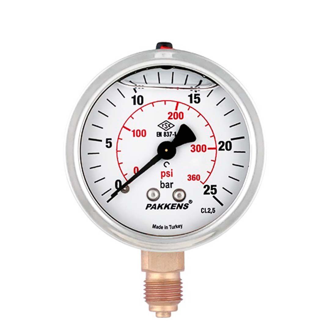 "نمای رو به رو گیج فشار روغنی PAKKENS 25 بار، صفحه ۱۰ سانتی متری و بدنه فلزی"