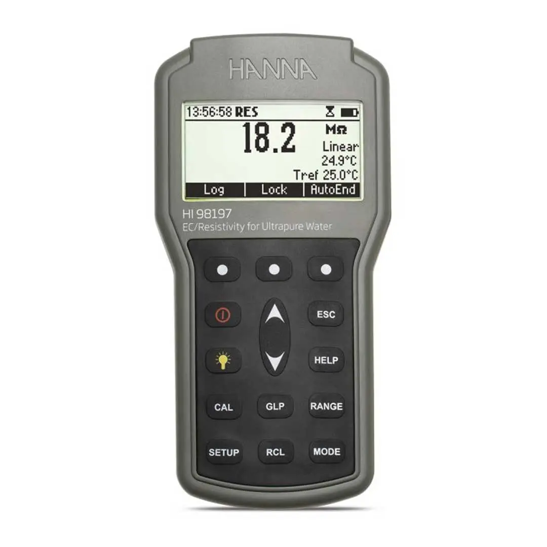 نمای روبرو EC و TDS متر آب مقطر پرتابل هانا (HANNA) مدل HI98197 بدنه مشکی و صفحه کلید طوسی