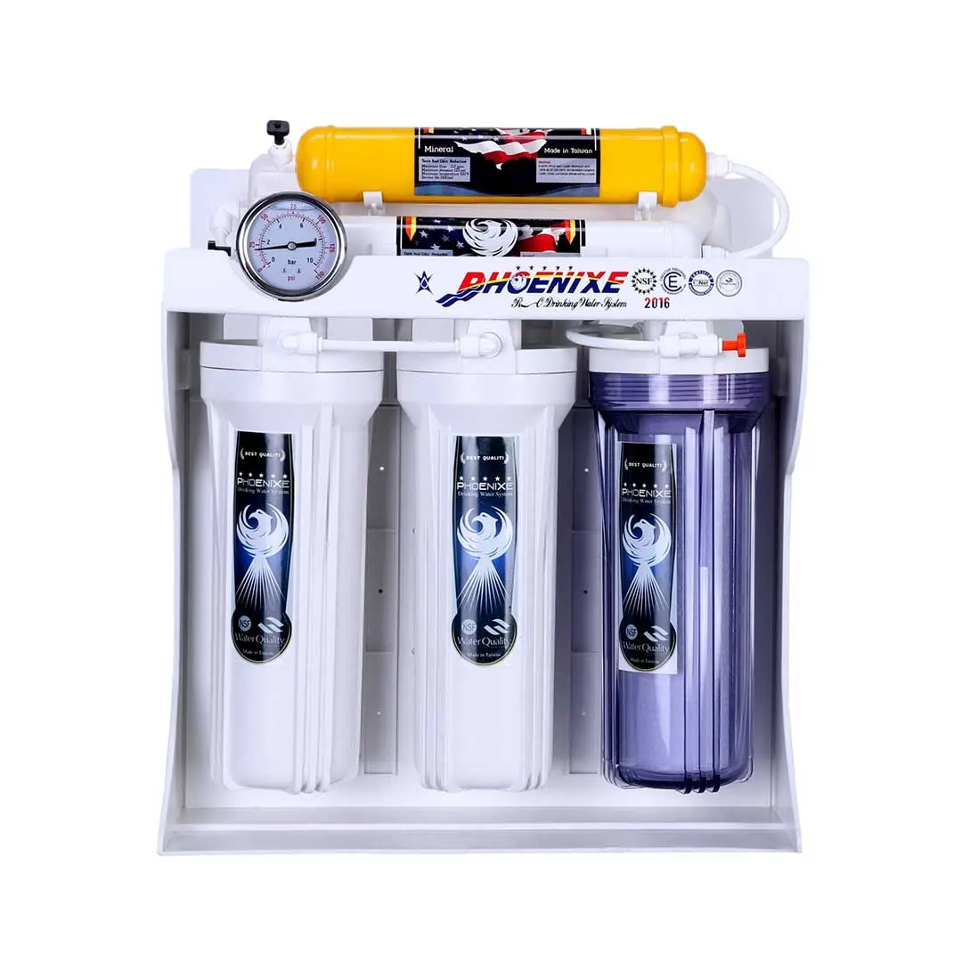 نمای عمودی دستگاه تصفیه آب خانگی 6 مرحله ای فونیکس (Phoenixe) بدنه پلاستیک مقاوم