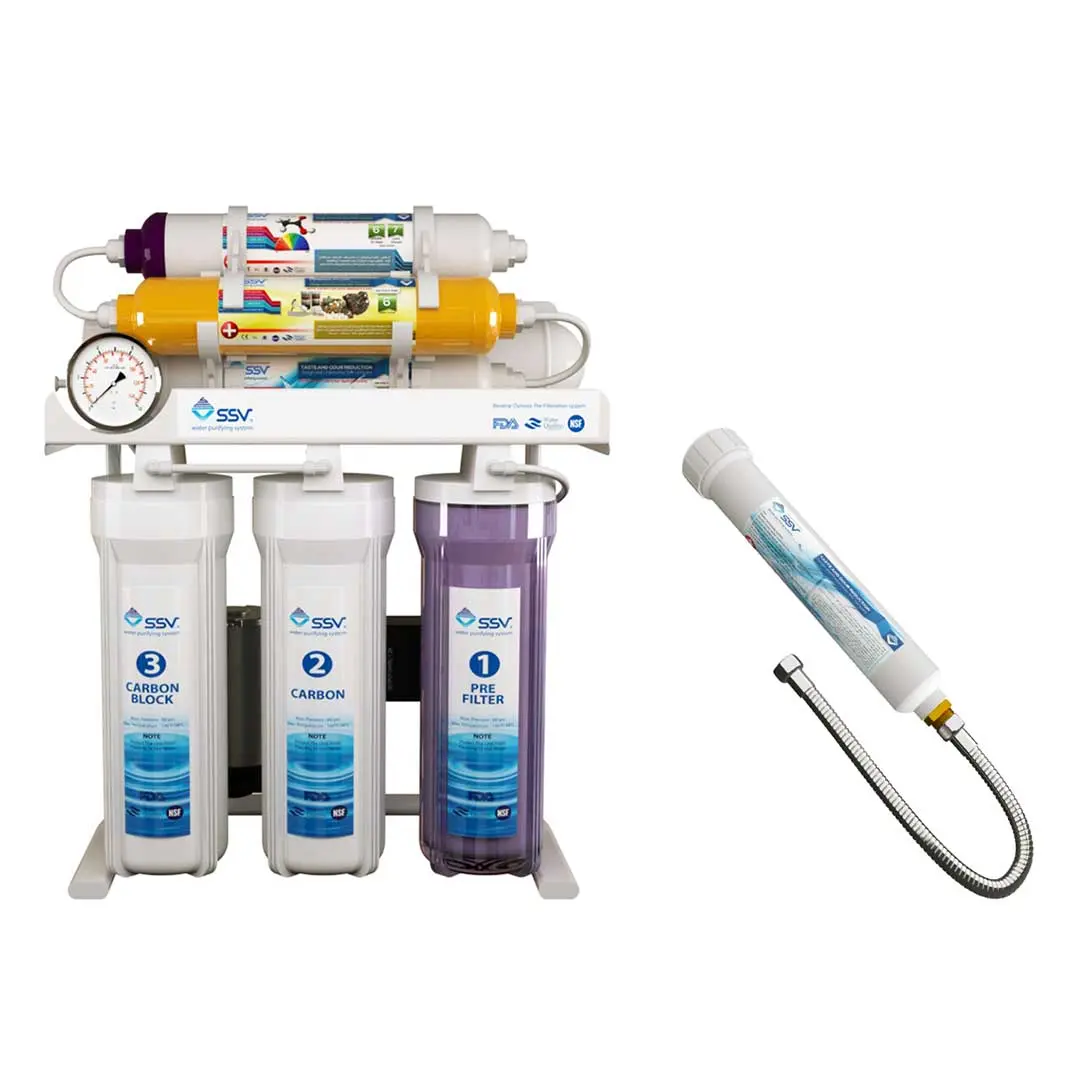 نمای روبرو دستگاه تصفیه آب خانگی اس اس وی مدل MaxTec X700 به همراه فیلتر دوش حمام