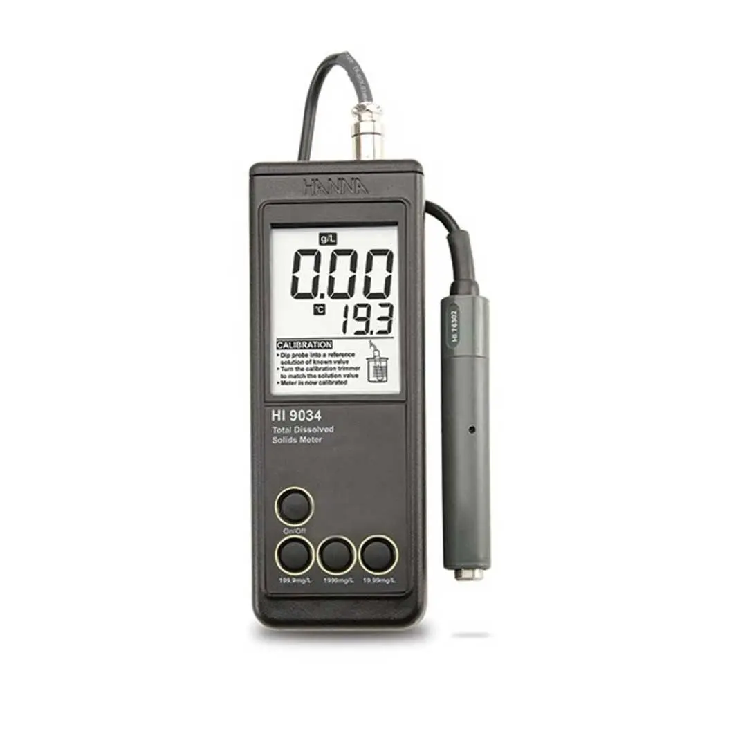 نمای ایستاده TDS متر پرتابل هانا (HANNA) مدل HI9034 با بدنه و پراب طوسی رنگ