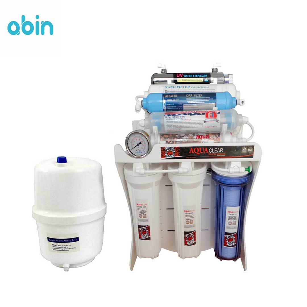 نما روبرو دستگاه تصفیه آب 10 مرحله ای آکوا کلیر مدل RO-CNX 2018 به همراه منبع آب
