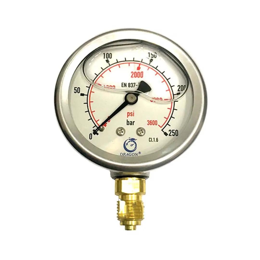 نمای رو به رو گیج فشار روغنی DRAGON 250 بار با صفحه ۶ سانت و نشانگر PSI