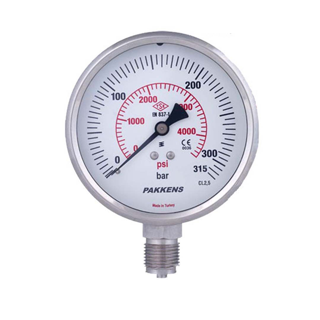نمای رو به رو گیج فشار خشک PAKKENS 300 بار با صفحه کوچک و بدنه استیل