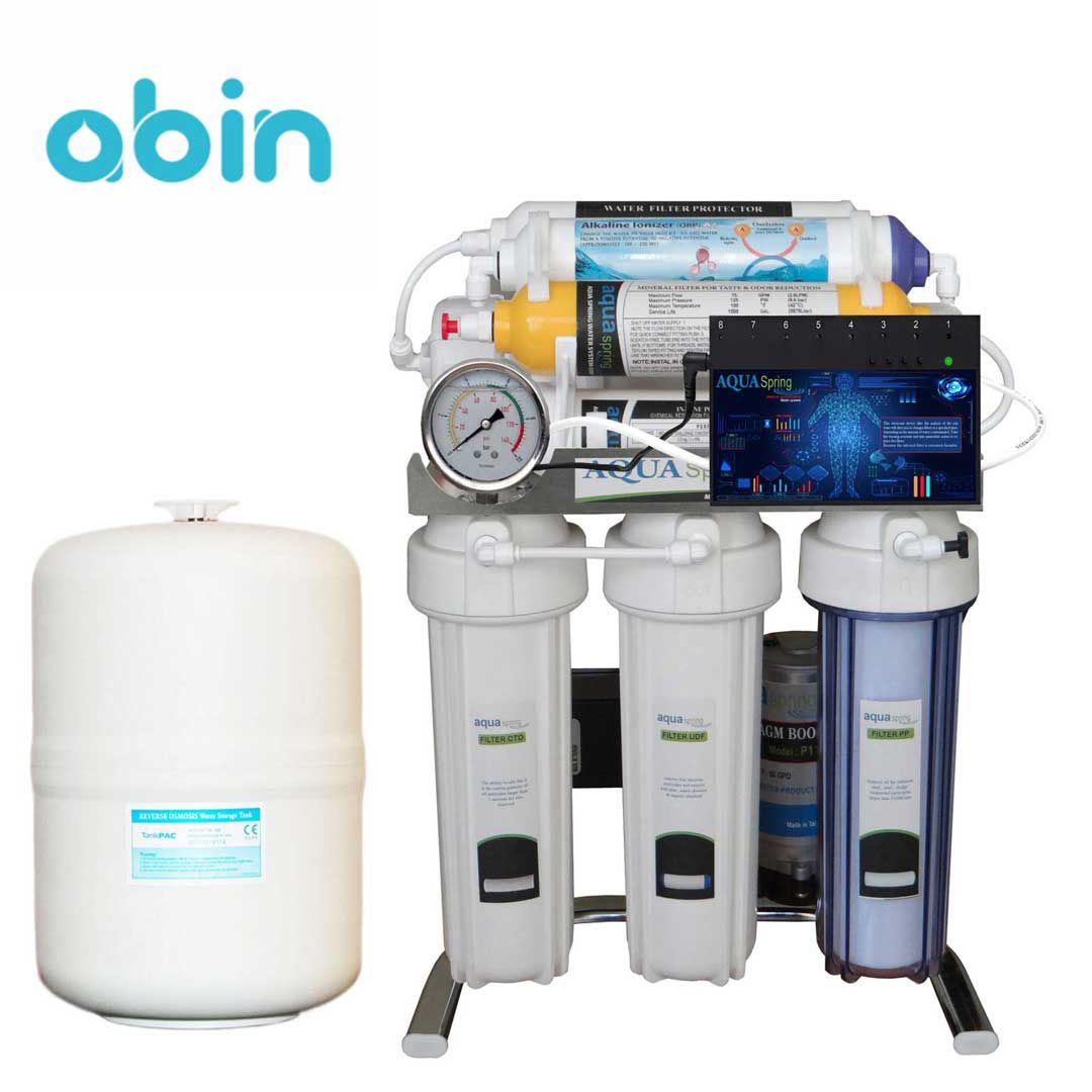 نما روبرو دستگاه تصفیه آب خانگی آکوا اسپرینگ (Aqua Spring) مدل CHROME-BA 8 به همره مخزن آب