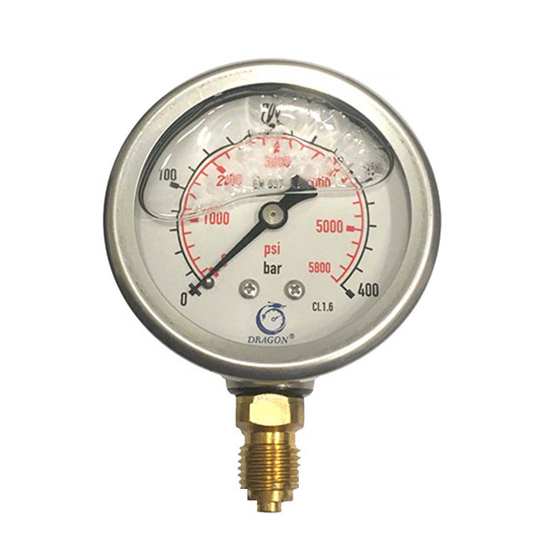 "نمای رو به رو گیج فشار روغنی DRAGON 400 بار، صفحه ۶ سانتی متری و عقربه مشکی"