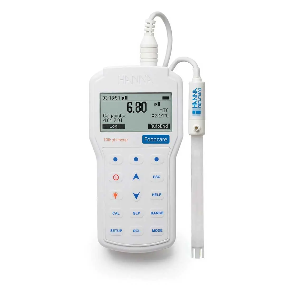 تصویر ایستاده PH متر شیر پرتابل هانا (HANNA) مدل HI98162 با بدنه سفید و دکمه های فیزیکی
