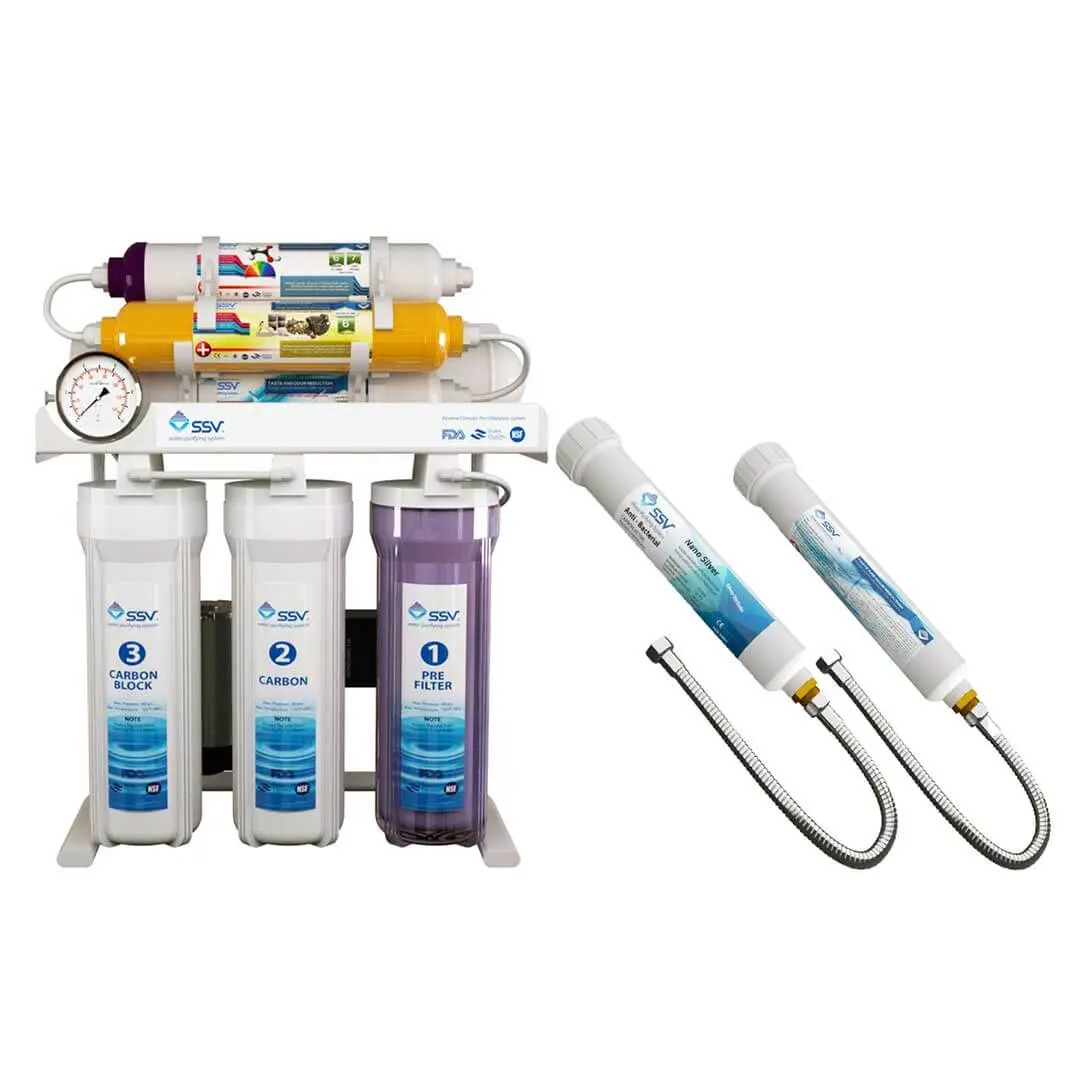 دستگاه تصفیه آب خانگی اس اس وی مدل MaxTec X700 به همراه فیلتر دوش و سرویس نمای روبرو
