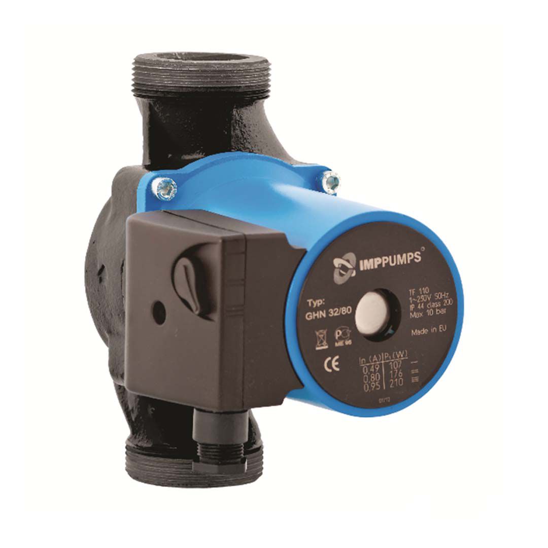 تصویر سه بعدی پمپ سیرکولاتور خطی IMPPUMPS مدل GHN 32/80-180 با لیبل برند و اطلاعات فنی