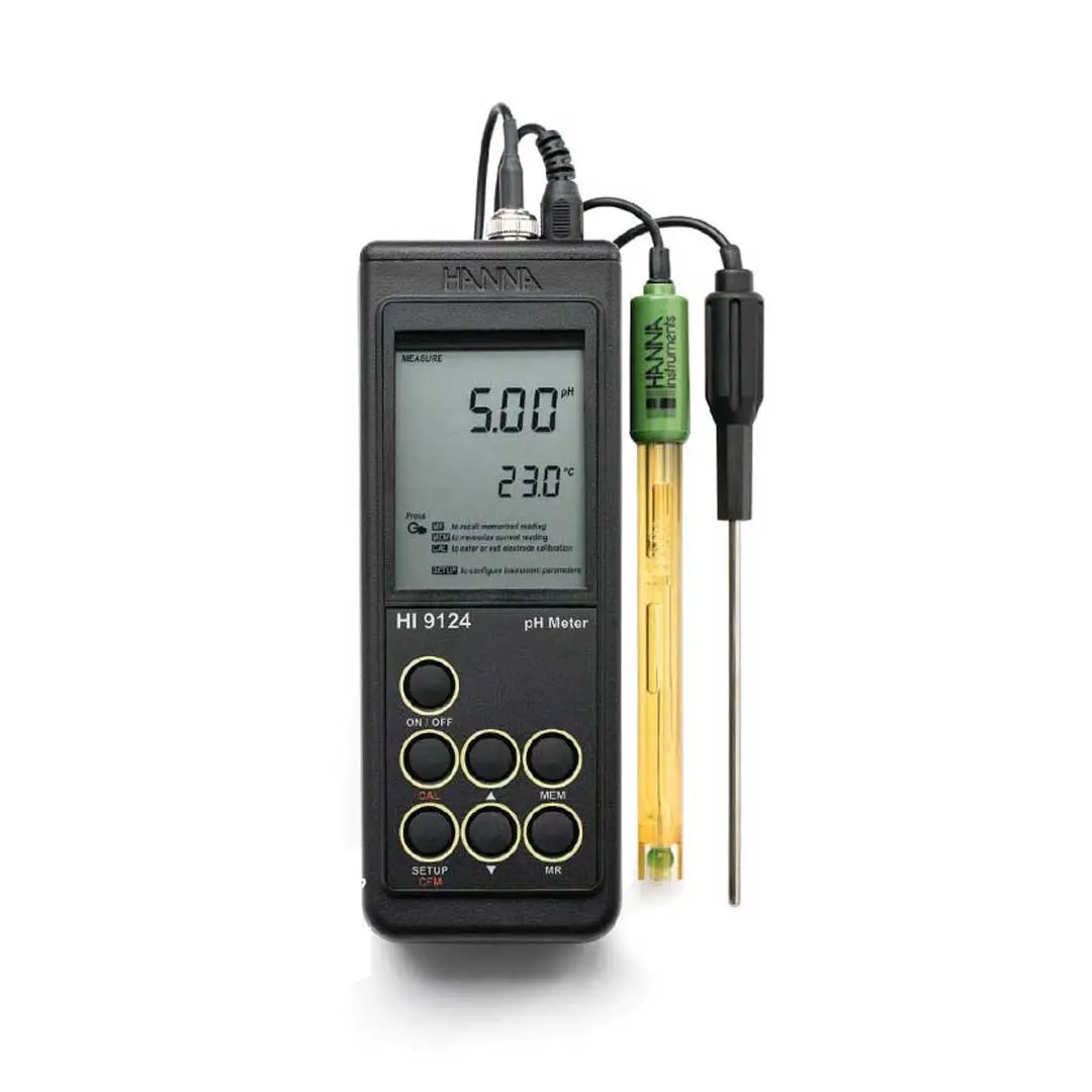نمای ایستاده PH متر دستی با طراحی پیشرفته هانا (HANNA) مدل Hi9124 به همراه سنسور دمای و الکترود