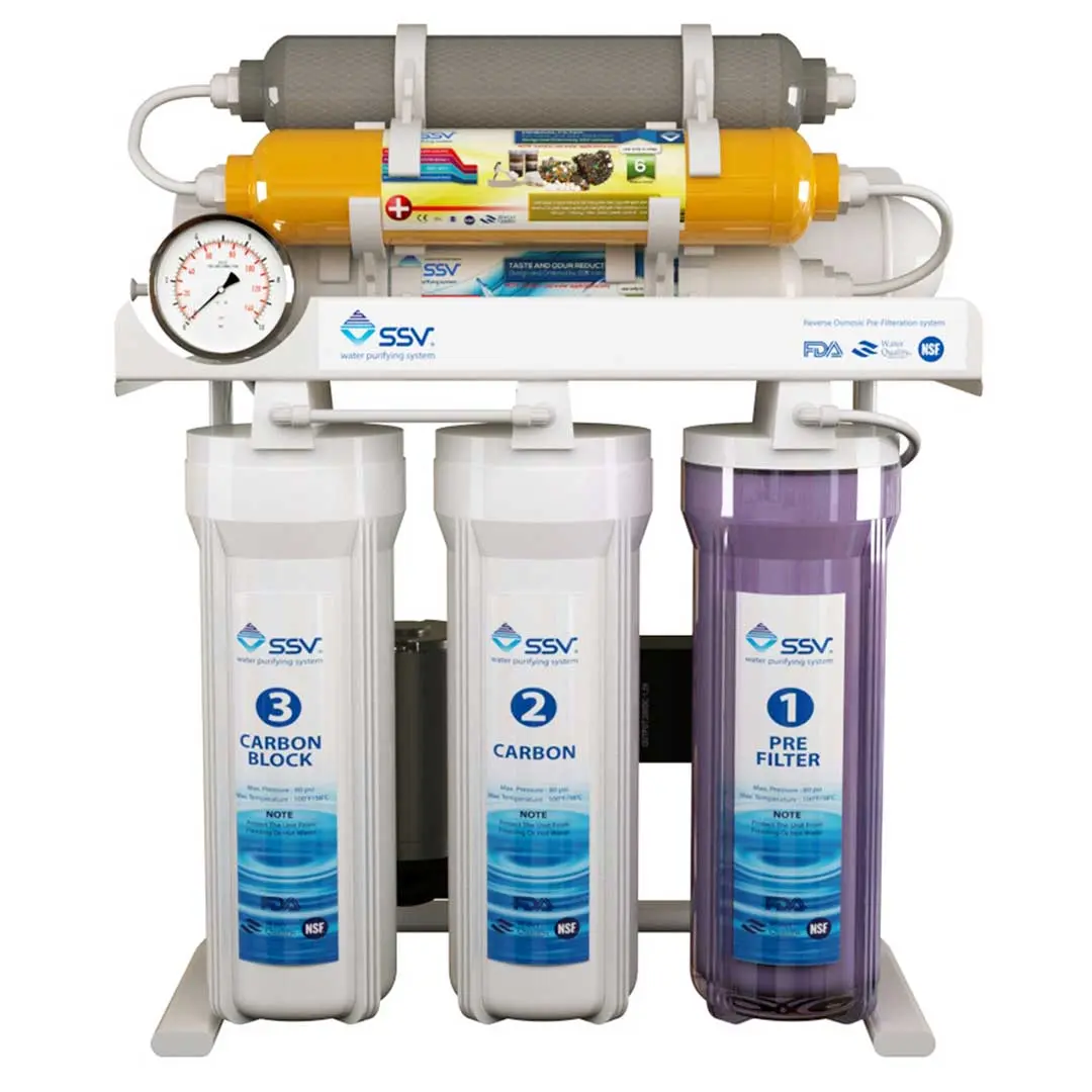 نمای روبرویی دستگاه تصفیه آب خانگی SSV مدل MaxTec X830 به همراه 4 عدد فیلتر