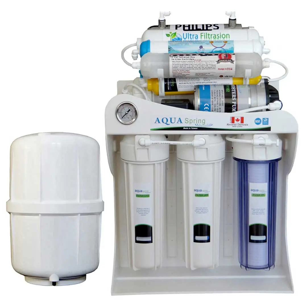 دستگاه تصفیه آب خانگی آکوا اسپرینگ (Aqua Spring) مدل UF-SF5000 درکنار مخزن آب