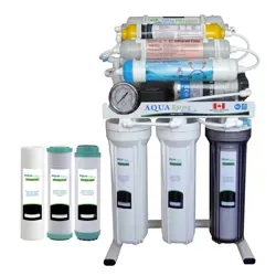 نمای روبرو دستگاه تصفیه آب خانگی آکوآ اسپرینگ مدل RO - NF3400 به همراه فیلتر مجموعه سه عددی