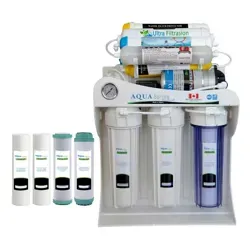 نمای روبرو دستگاه تصفیه آب خانگی آکوآ اسپرینگ مدل UF - SF4800 به همراه فیلتر مجموعه 4 عددی