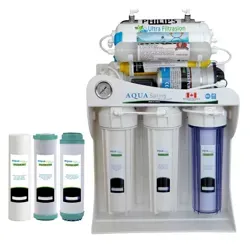 نمای روبرو دستگاه تصفیه آب خانگی آکوآ اسپرینگ مدل UF-SF5000 به همراه فیلتر مجموعه سه عددی