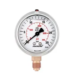 "نمای رو به رو گیج فشار روغنی PAKKENS 25 بار، صفحه ۱۰ سانتی متری و بدنه فلزی"
