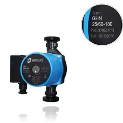 پمپ سیرکولاتور خطی IMPPUMPS مدل GHN 25/60-180 با تصویر لیبل اطلاعات فنی
