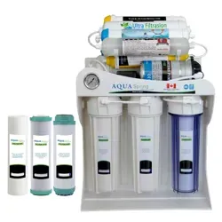 نمای روبرو دستگاه تصفیه آب خانگی آکوآ اسپرینگ مدل UF - SF4800 به همراه فیلتر مجموعه 3 عددی
