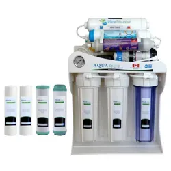 تصویر نمای جلو دستگاه تصفیه آب خانگی آکوا اسپرینگ مدل UF-SF4000 به همراه فیلتر بسته 4 عددی