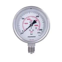 نمای رو به رو گیج فشار خشک PAKKENS 300 بار با صفحه کوچک و بدنه استیل