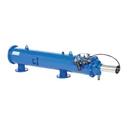 نمای طولی فیلتر هیدرولیک فیلتومات (FILTOMAT) مدل M100 4500 آبی رنگ با اتصالات