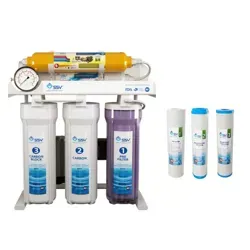 نمای روبرو دستگاه تصفیه آب خانگی SSV مدل MaxTec X600 به همراه 4 عدد فیلتر